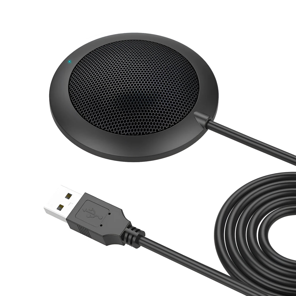 Black USB omnidirectional conference microphone with zinc alloy construction and metal mesh cover