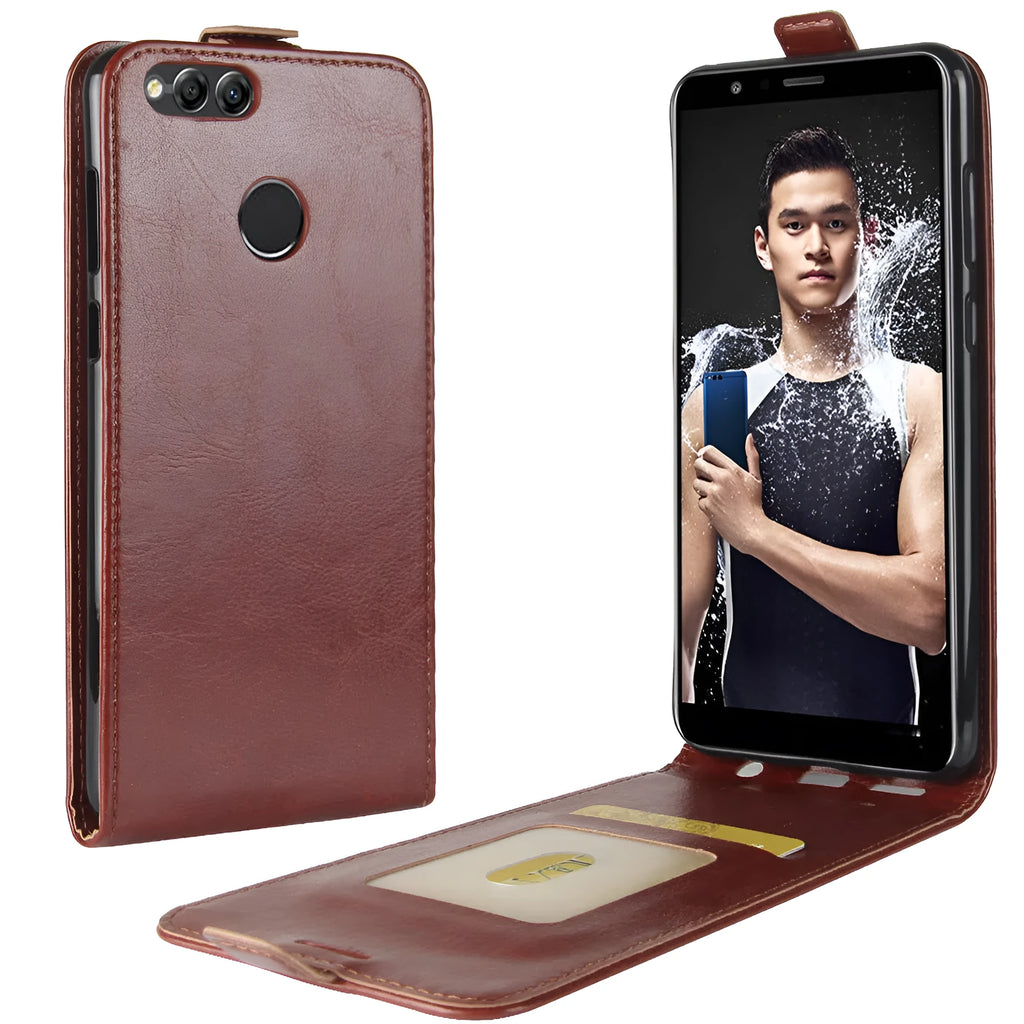 Huawei Honor 7X leather wallet phone case showing card slots and crazy horse pattern texture