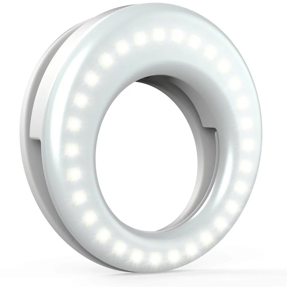 Black LED selfie ring light for mobile phones with USB cable for rechargeable photography lighting