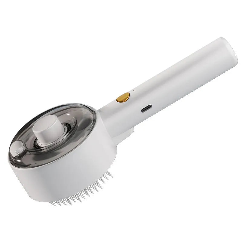 Ceramic white pet grooming brush with UVC blue light on, fine needles, and a mist spray nozzle.
