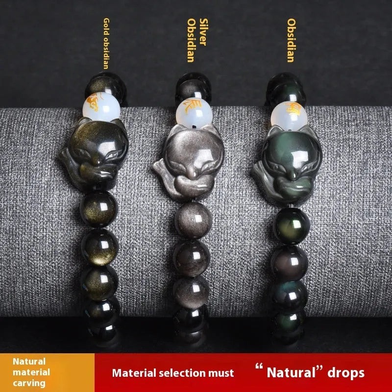 Natural obsidian bracelet with zodiac guardian design and 10mm stone beads