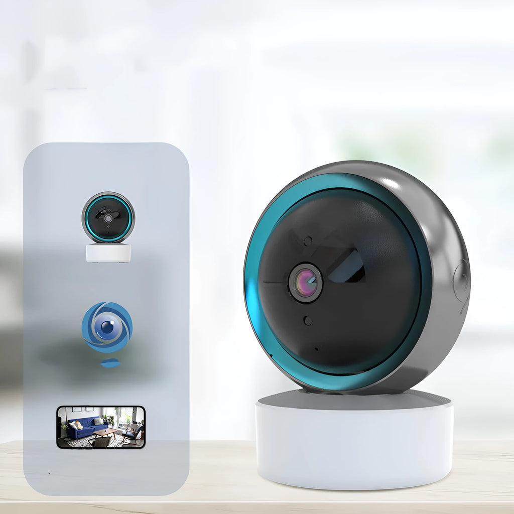 Indoor 360 degree rotating WiFi security camera with UK power plug on white background