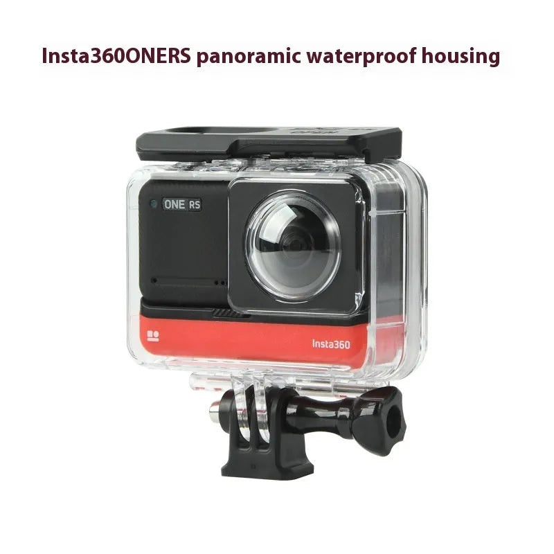 Transparent waterproof housing for Insta360 One RS panoramic camera showing internal dimensions