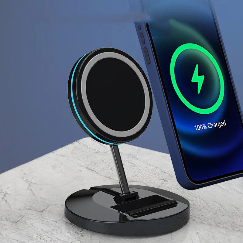 Magnetic wireless charging stand compatible with iPhone 12 showing folding design
