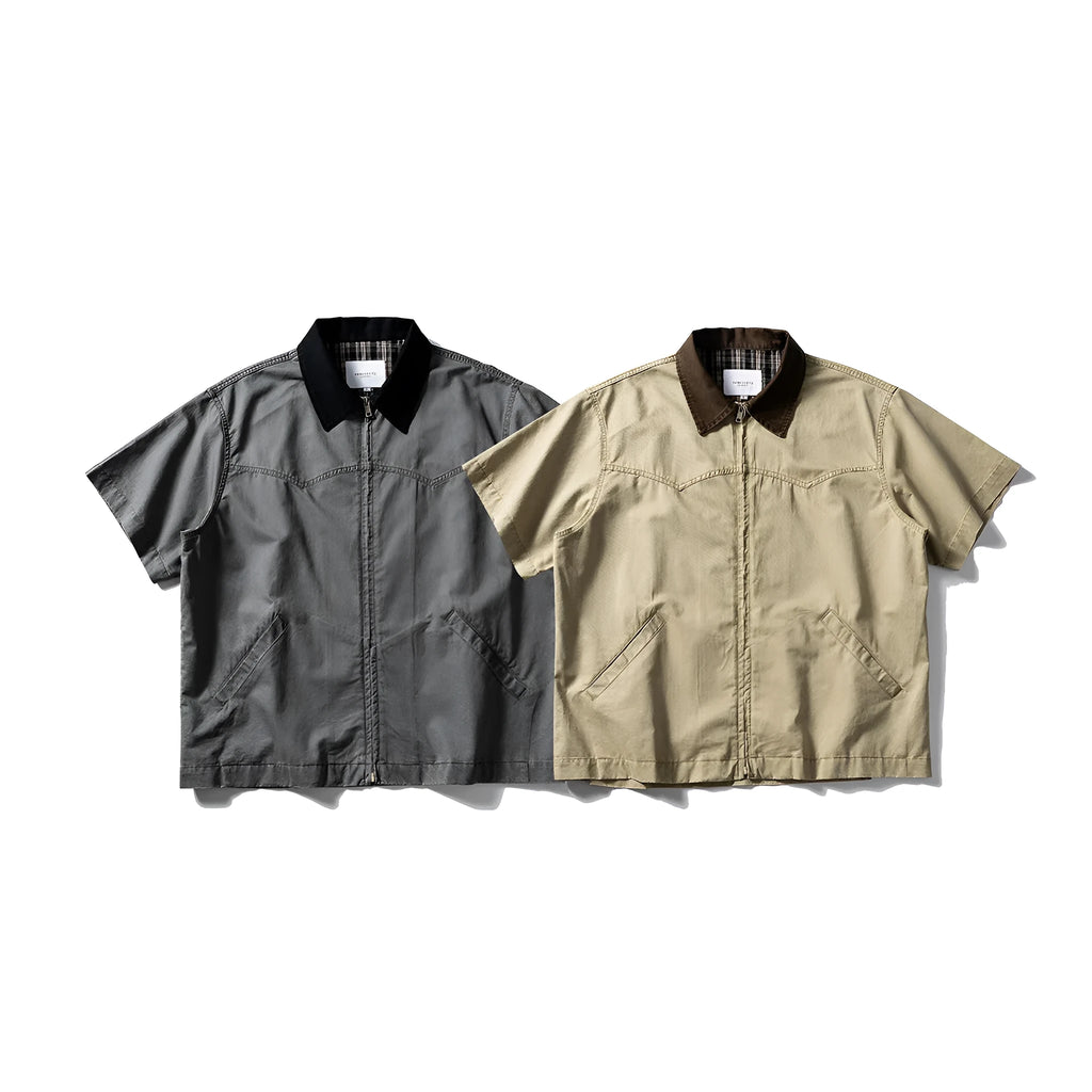 Men's short sleeve cotton overalls shirt in loose cardigan style, khaki colour option