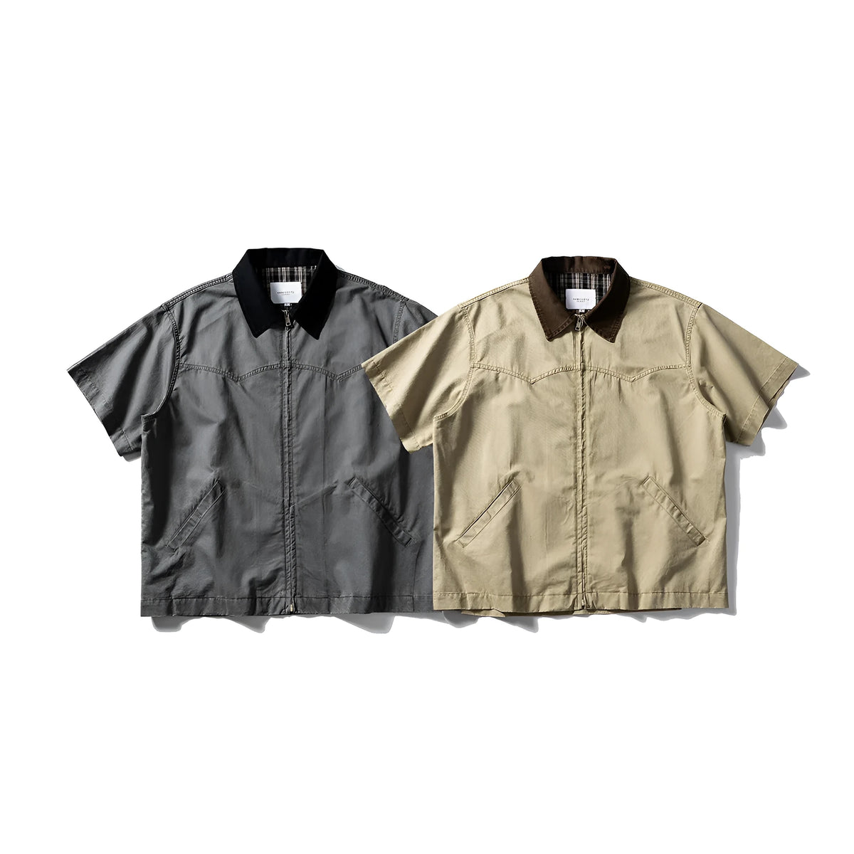 Men's short sleeve cotton overalls shirt in loose cardigan style, khaki colour option