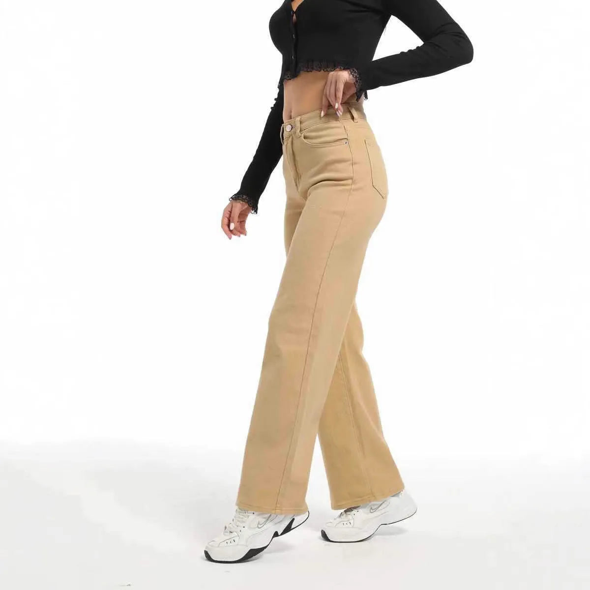 Women's high-waist wide-leg jeans in apricot and khaki colours, showing the relaxed fit and trouser length.