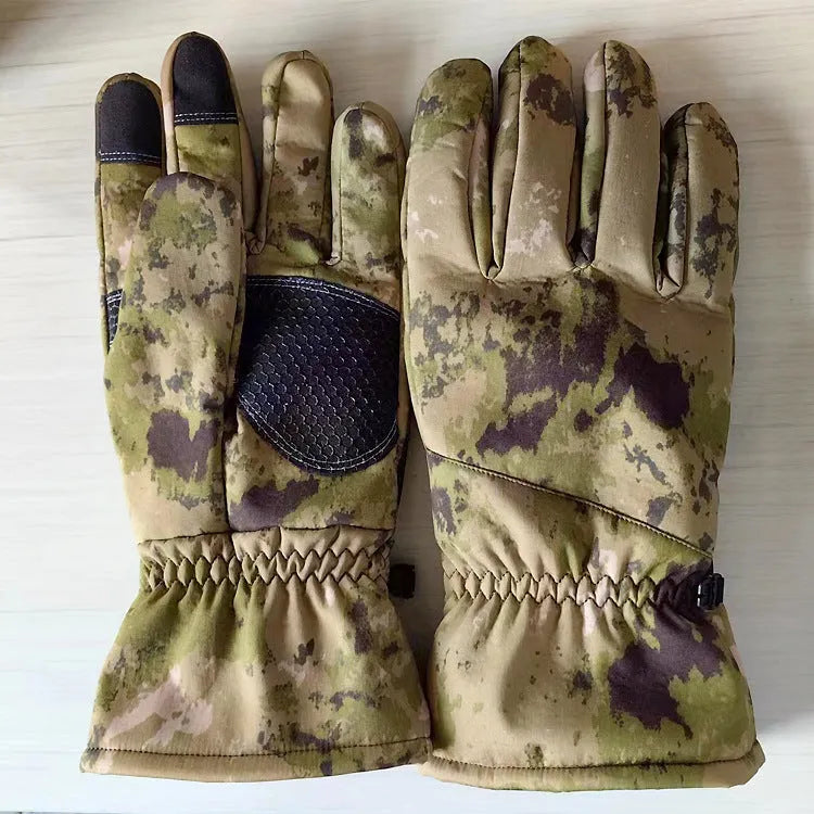 A pair of tactical winter ski gloves in camouflage colour with visible silicone grip pattern on the palm.