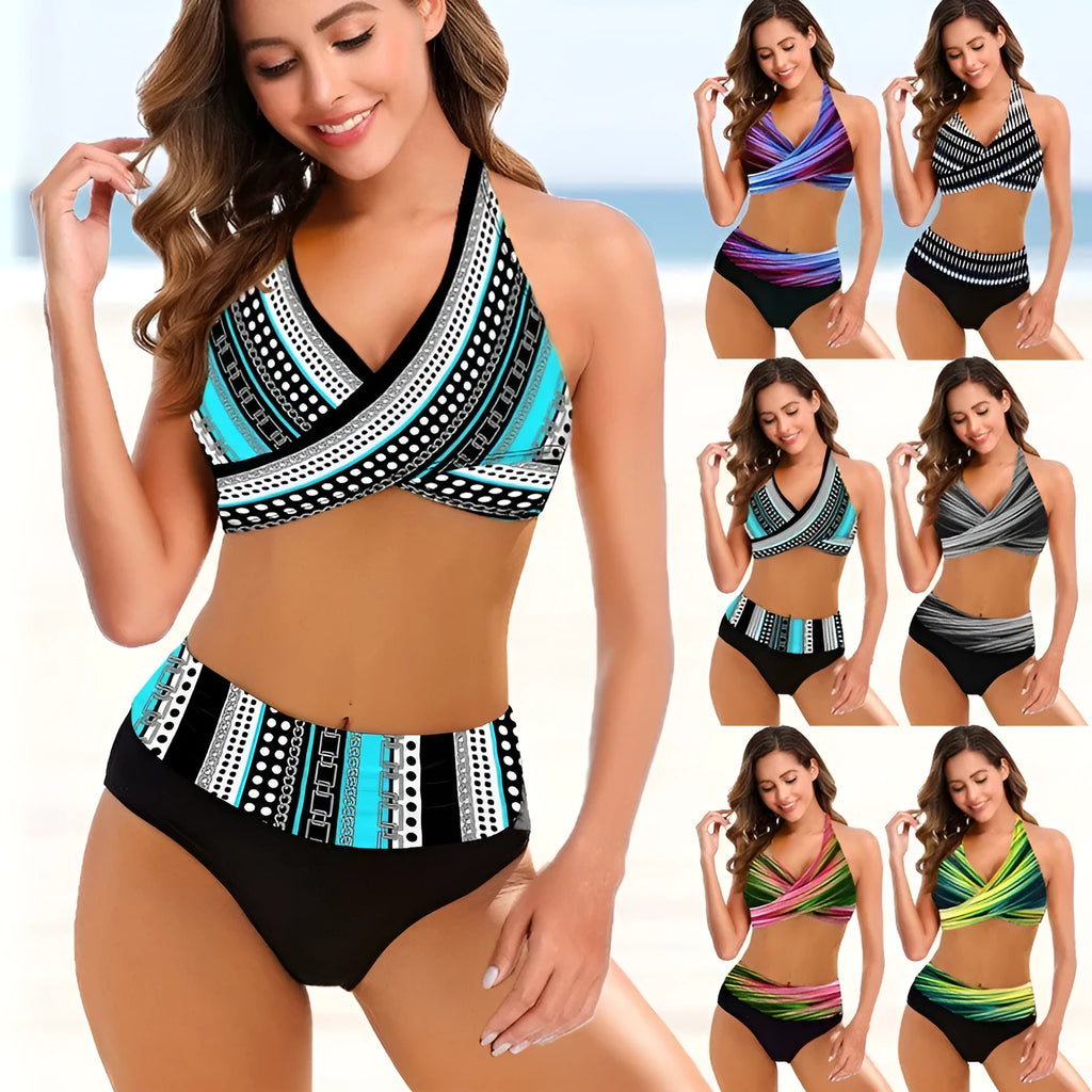 Ladies striped tie-dye hollow pattern bikini set with high-waisted briefs on a model.