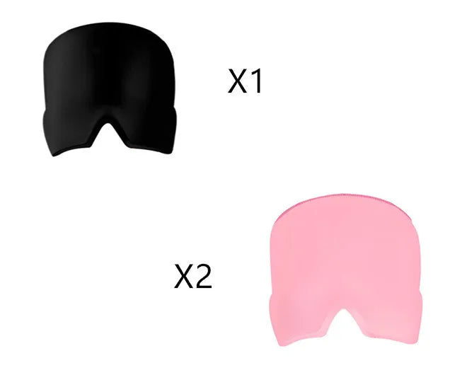 Black elastic cloth gel cooling eye mask for headache relief, shown with adjustable strap.