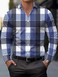 Men's striped long sleeve shirt with button lapel on a hanger