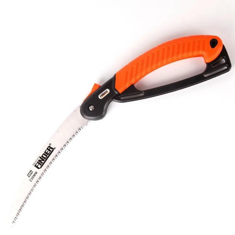 230mm folding hand saw with TPR grip extended for cutting with measurements showing