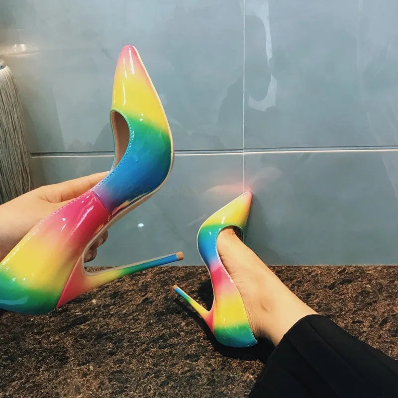 Rainbow coloured patent leather women's stiletto shoes with pointed toe and thin high heel