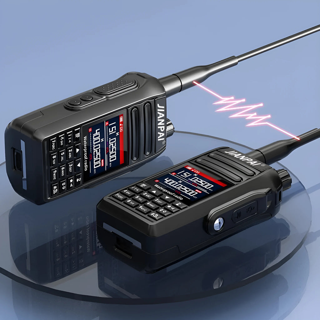 Black Interphone waterproof aviation full band two-way radio with dustproof plastic shell, antenna, battery, charger, and headset.