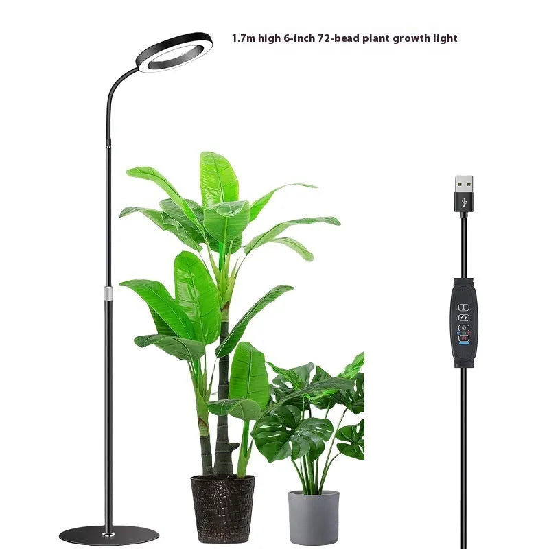 A white 6-inch angel ring floor plant grow light with a retractable stand extended, showing its circular LED array for indoor use.