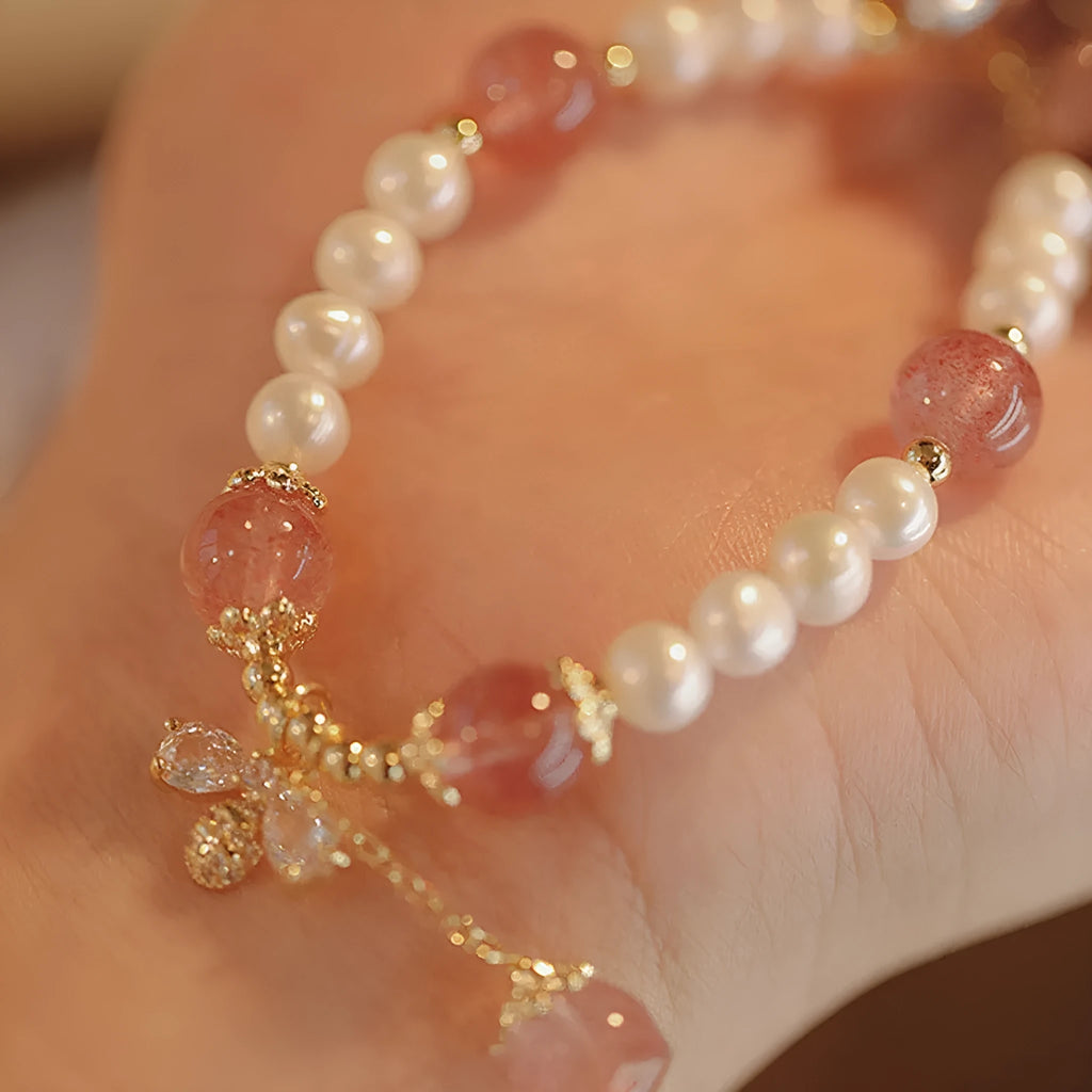 Women's strawberry quartz crystal bracelet with bow accents hand-strung in INS summer style