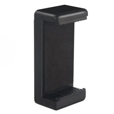 Black plastic mobile phone holder with rotating clamp on a desk