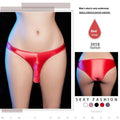 Men's low waist T-back underwear in shiny nylon fabric on a colour swatch showing black, grey, red, pink, and white.