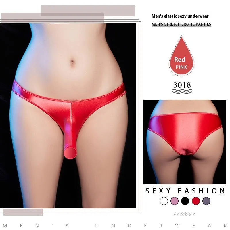 Men's low waist T-back underwear in shiny nylon fabric on a colour swatch showing black, grey, red, pink, and white.