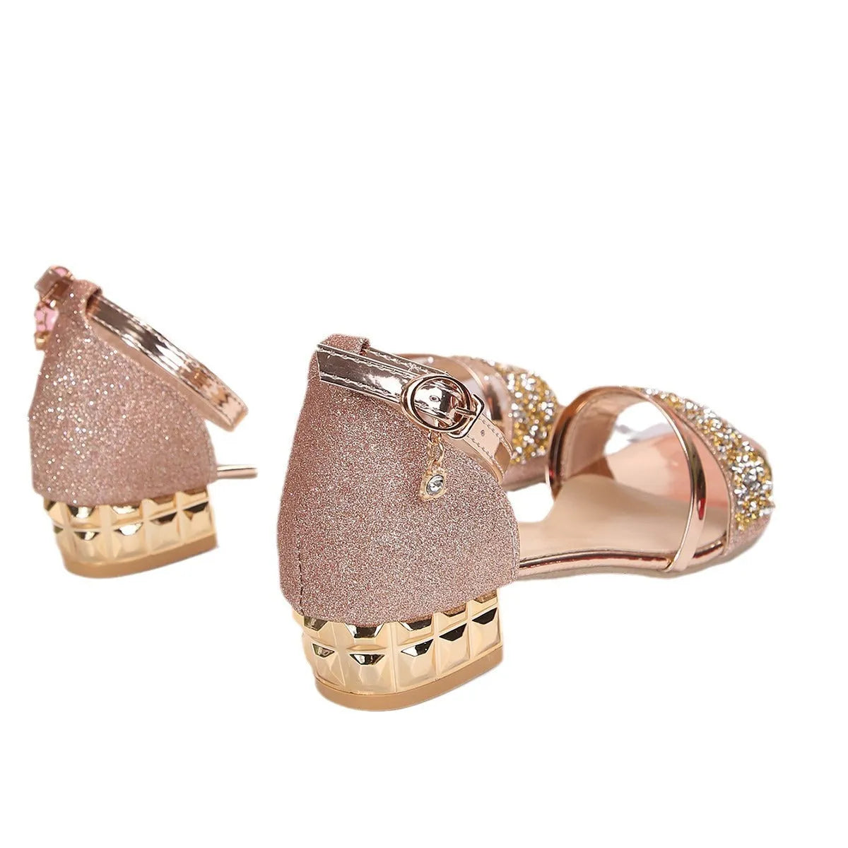 Women's gold Roman sandals with rhinestone straps, buckle fastener, and fish mouth open toe on a rubber sole.