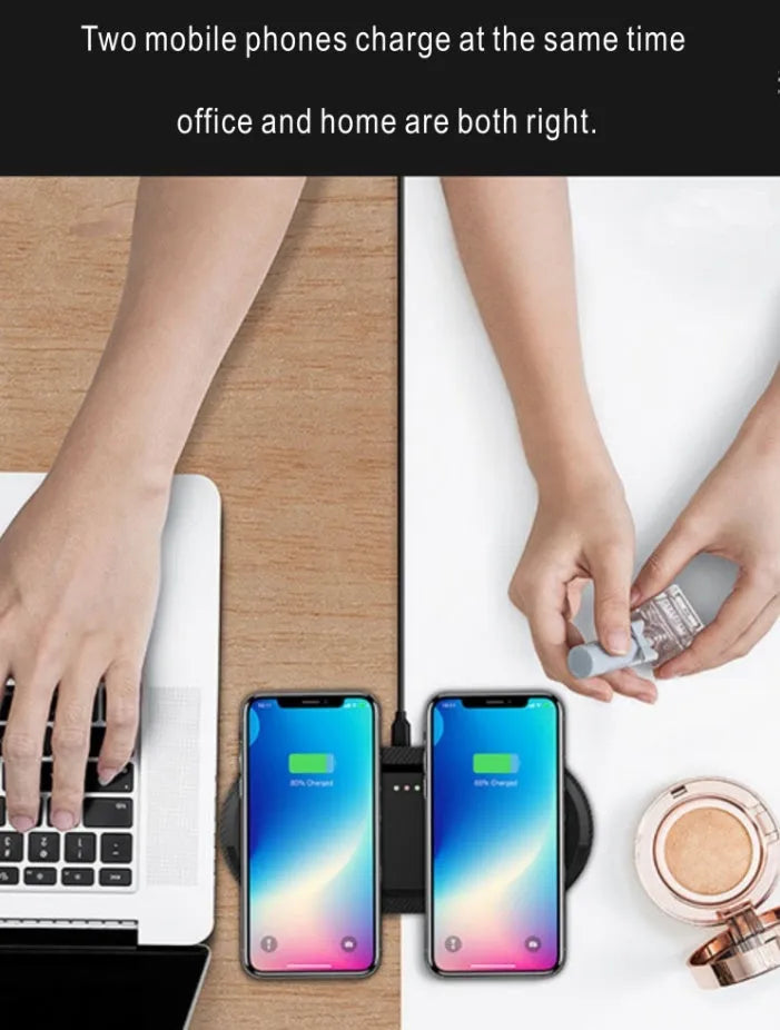Black and white dual wireless charging pad with two smartphone charging surfaces and anti-slip silicone base