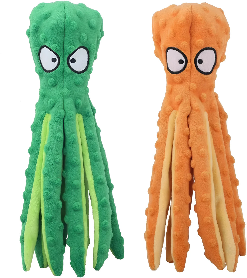 Blue unfilled octopus plush dog toy with crinkle and squeaker sounds on a white background.