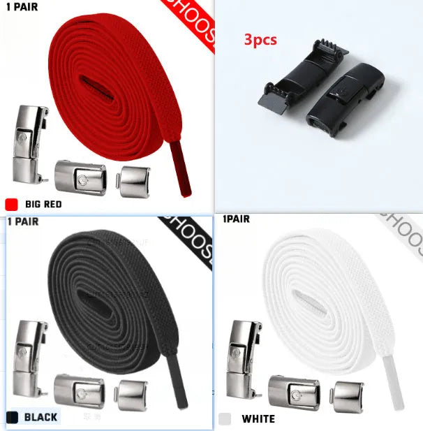 Press lock elastic no-tie shoelaces with widened 8mm flat profile in assorted colours