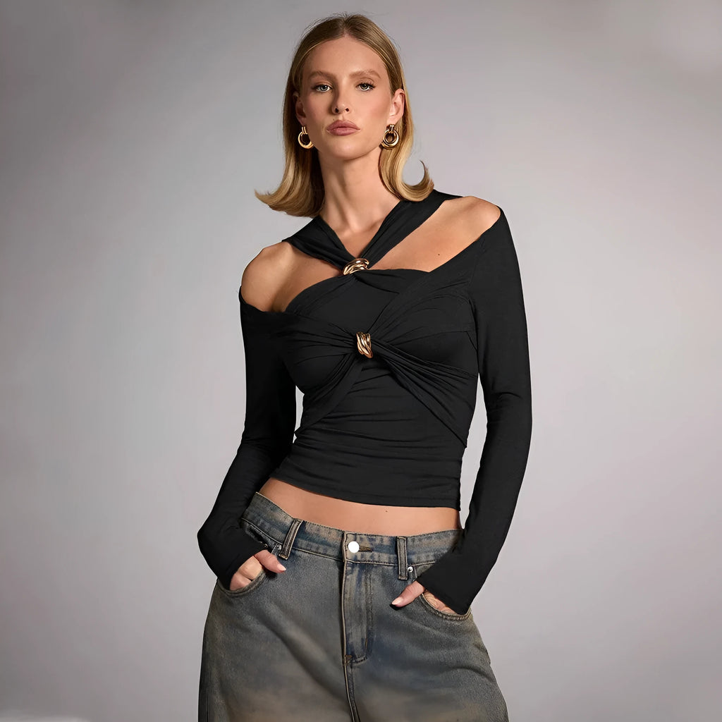 Black women's halter top with shoulder-baring neckline and long sleeves