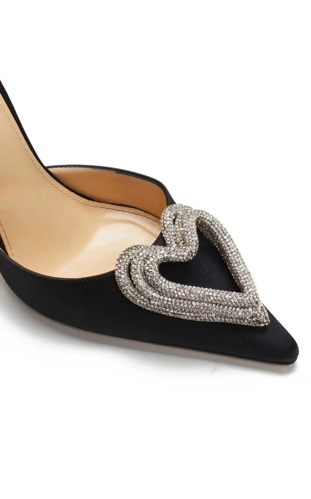 Women's pink satin sandal with pointed toe, heart-shaped rhinestone, and adjustable cross-band strap.