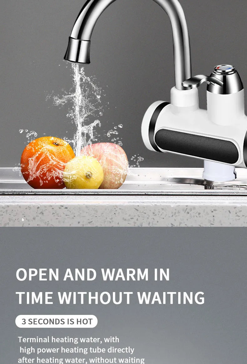 White electric kitchen water heater with digital temperature display and instant hot water function