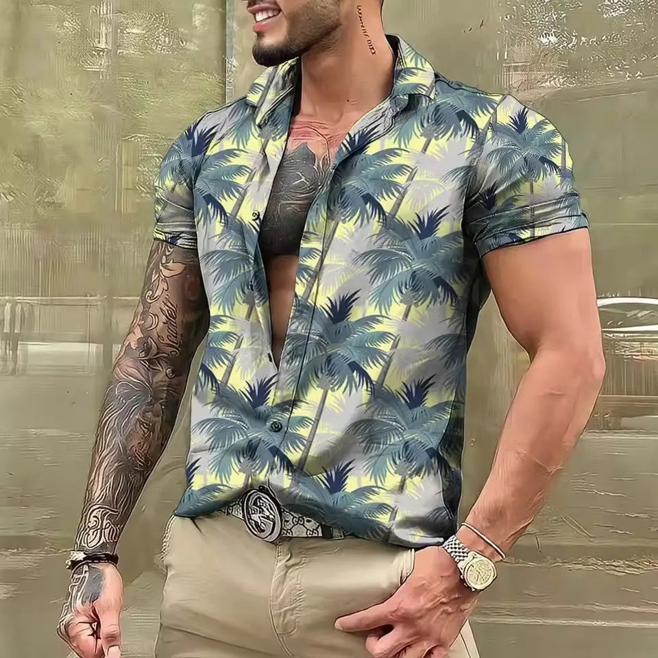 Man wearing a loose-fitting short sleeve shirt with a colourful floral pattern, cardigan style.
