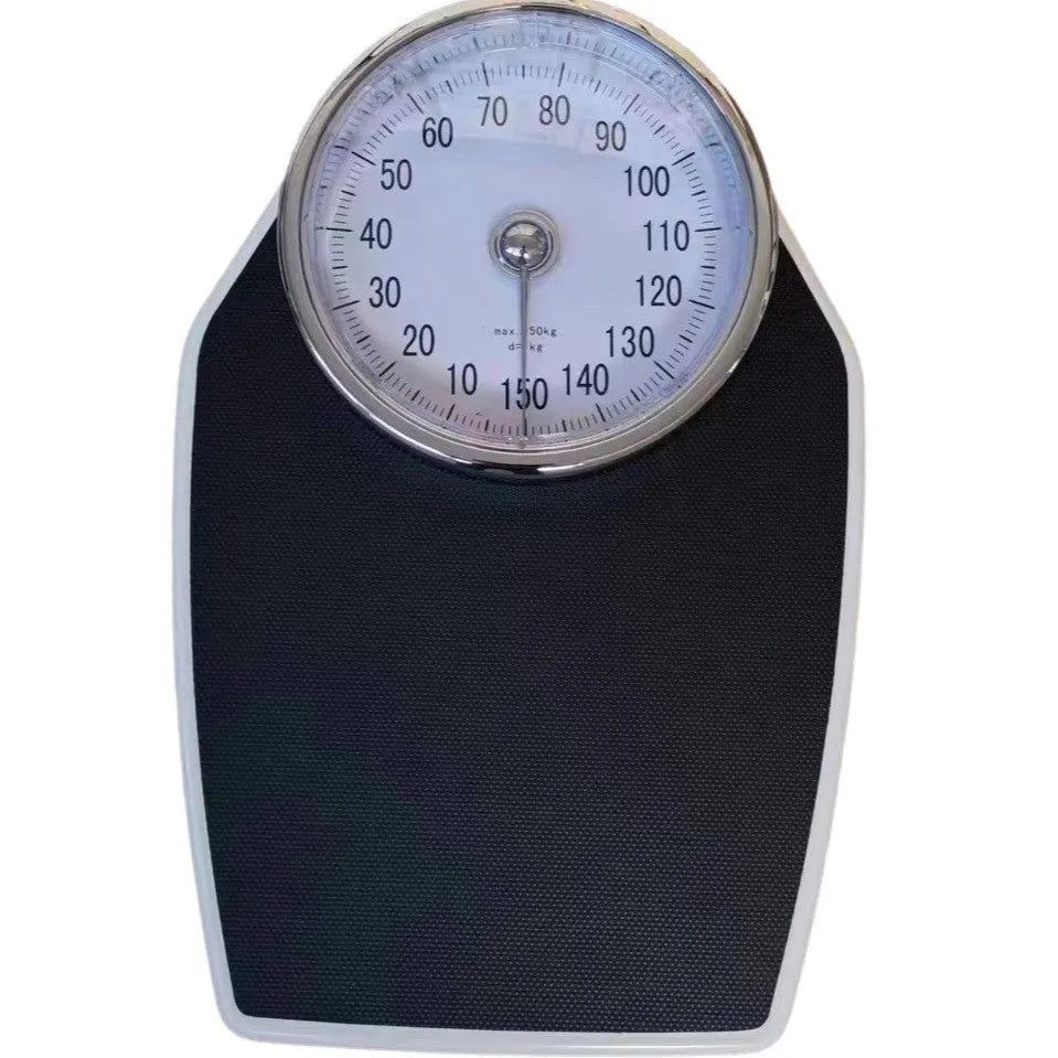 Black mechanical bathroom scale with large analogue dial on a 47x35cm platform.