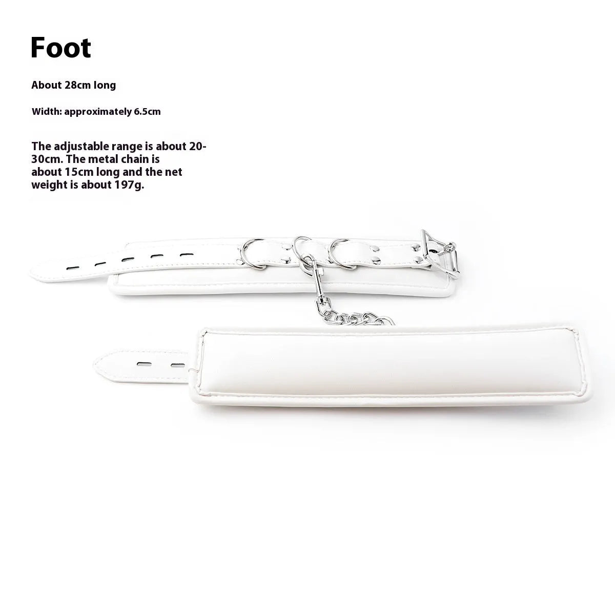 White PU sponge adult restraint set showing handcuffs, foot cuffs, and a neck cuff.