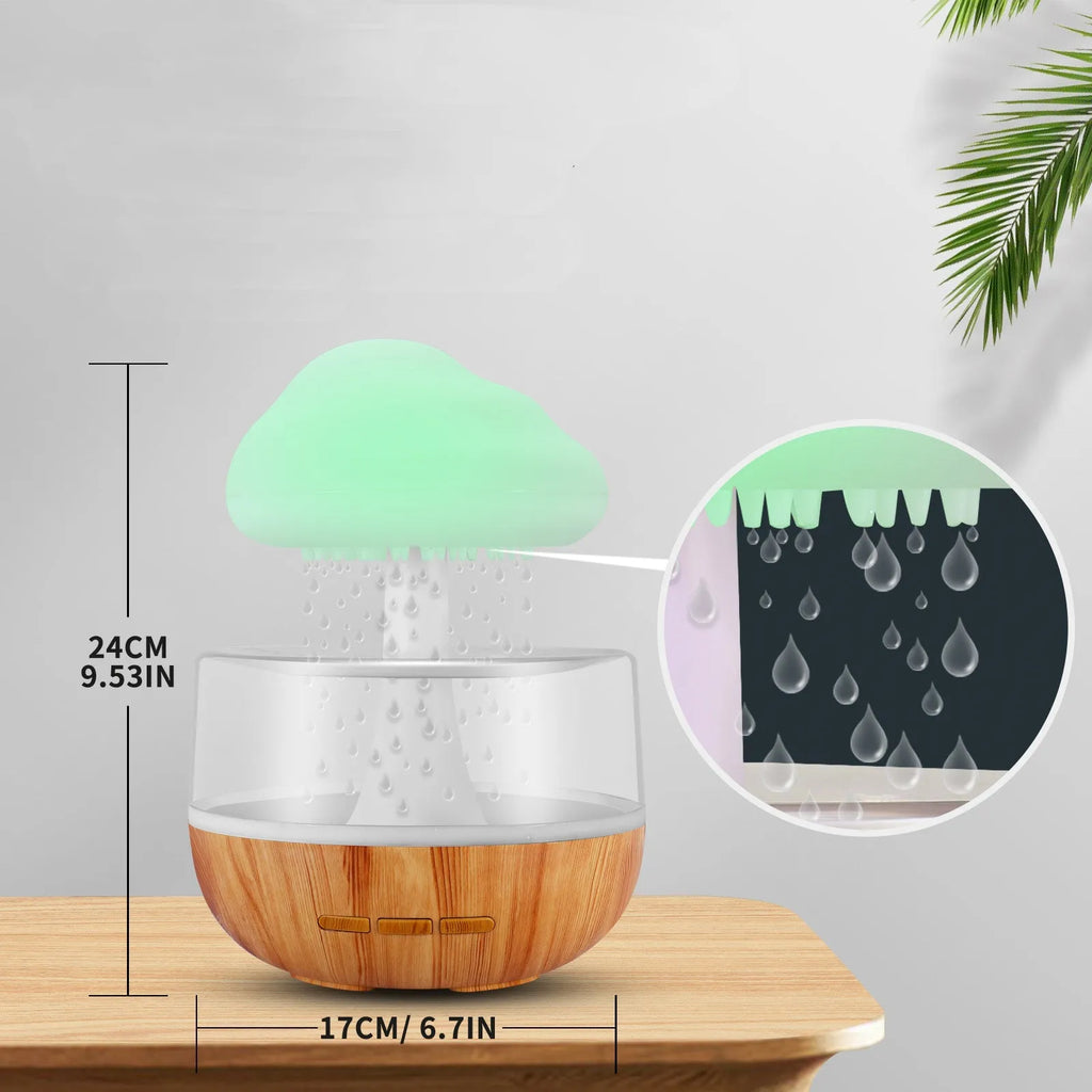 White cloud-shaped humidifier with coloured night light and mist output on a table