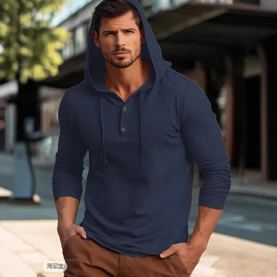 Cotton hoodie pullover in dark blue colour showing front view with long sleeves