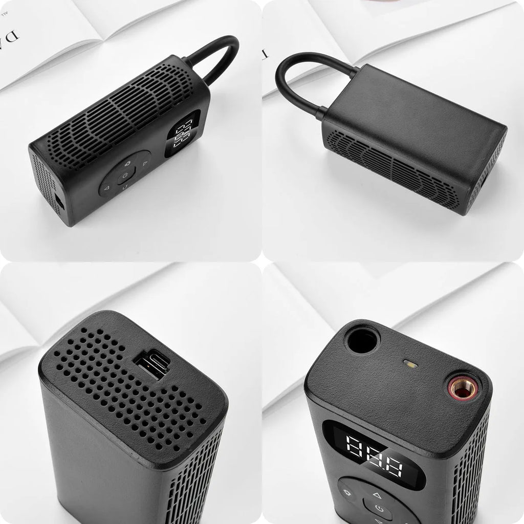 Black cuboid USB power bank tyre inflator with attached air tube for cars and motorcycles.