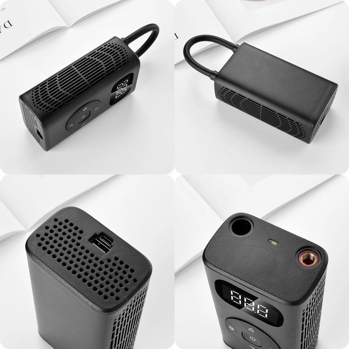 Black cuboid USB power bank tyre inflator with attached air tube for cars and motorcycles.