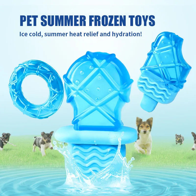 Three water-filled dog toys: a blue pacifier, a multicoloured popsicle, and an orange ring for freezing and chewing.