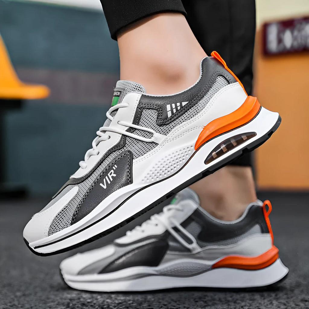 Men's grey and black breathable mesh casual running shoes with a round toe and lightweight EVA sole.