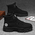 Men's black and yellow Martin work boots with a mid heel and high-top design