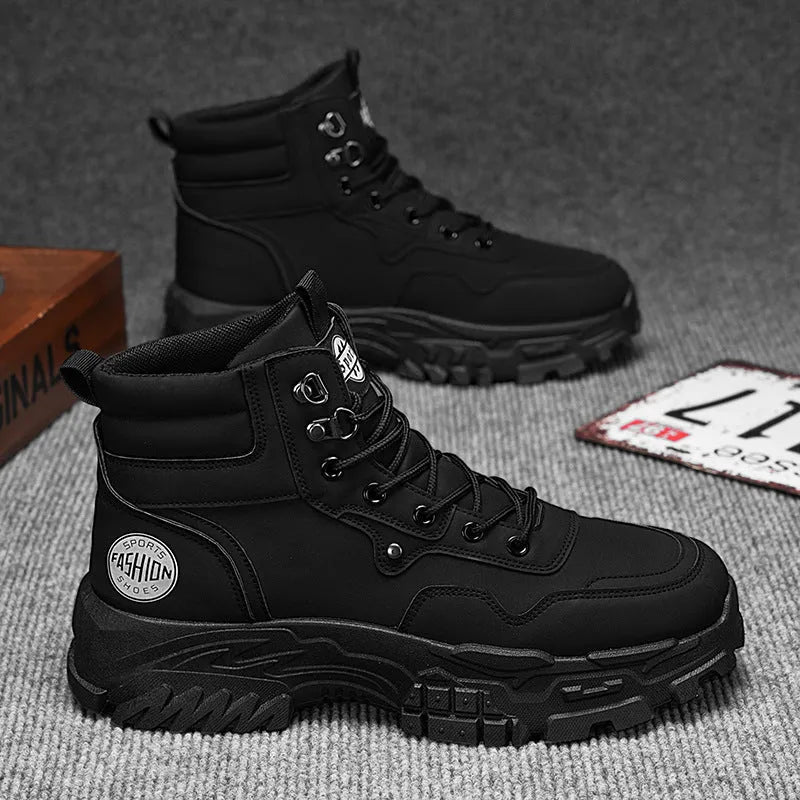 Men's black and yellow Martin work boots with a mid heel and high-top design