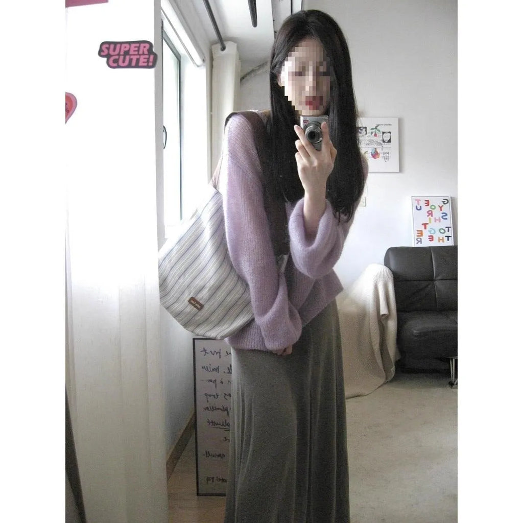 Purple women's blouse with round neck, princess sleeves, and shoulder strap hollow out design