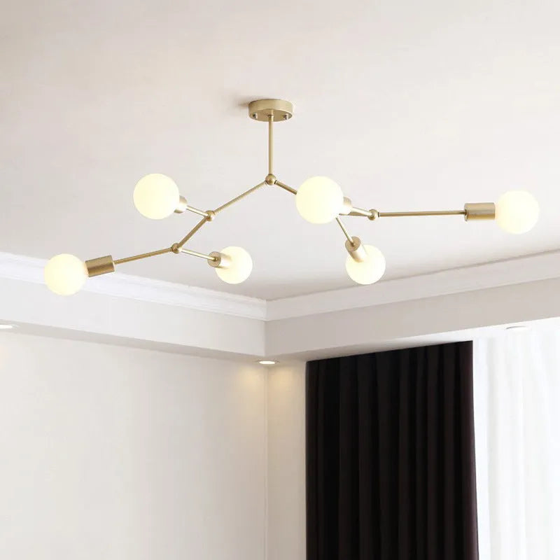 Nordic style iron ceiling chandelier with multiple light arms, in a black finish, mounted on a white ceiling.