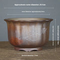 Indoor ceramic flower pot with wood burning antique carved design in purple sand clay