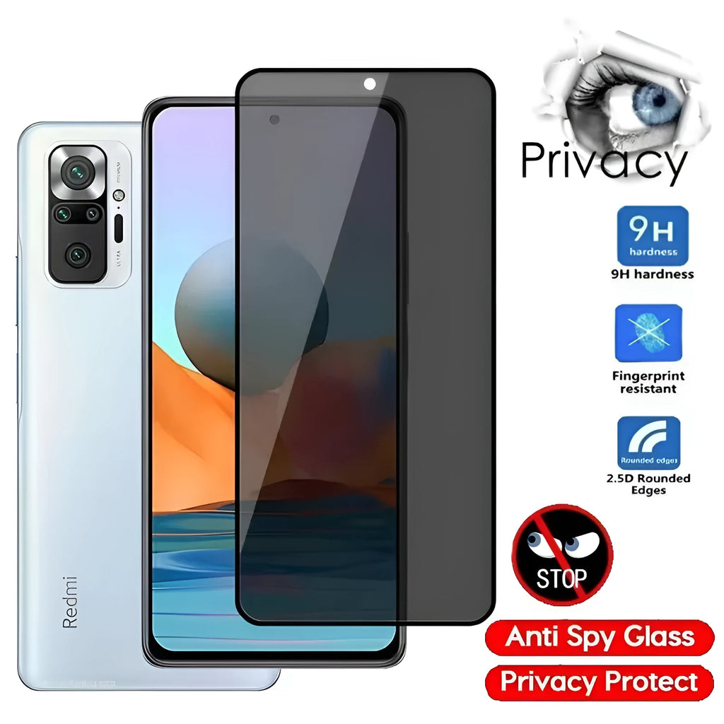 Clear plastic privacy screen protector for Poco and Redmi Note mobile phones on a white background.