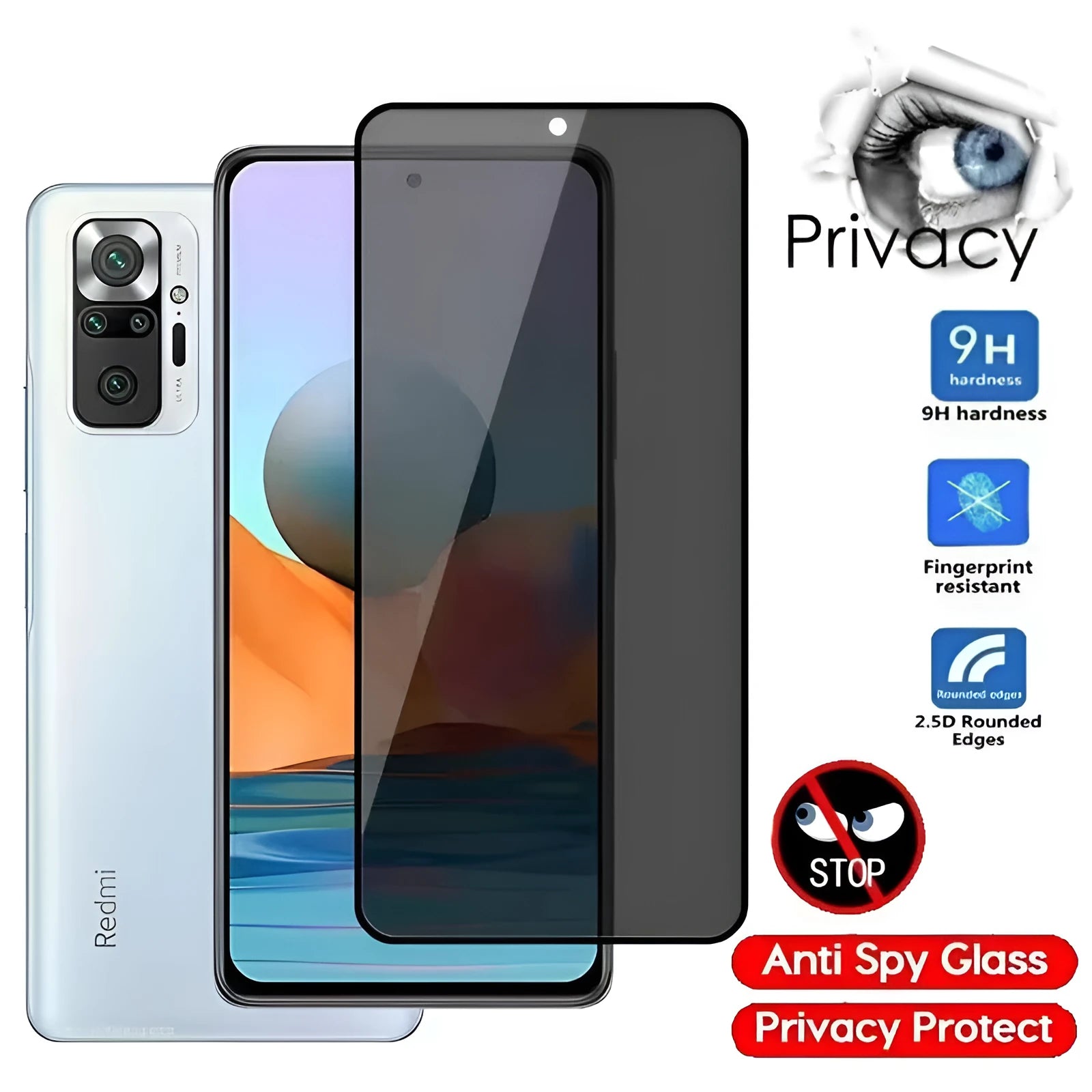 Clear plastic privacy screen protector for Poco and Redmi Note mobile phones on a white background.