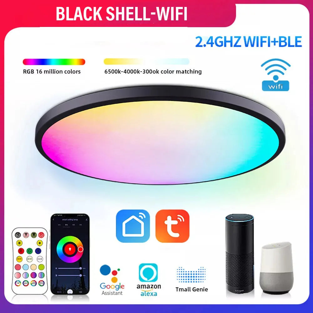 Black or white intelligent RGBCW Bluetooth ceiling lamp with remote control on a ceiling