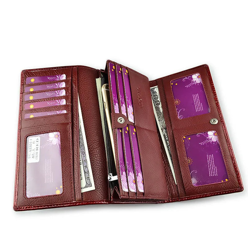 Women's genuine leather coin purse with crocodile pattern texture in wine red, black, and red colour options