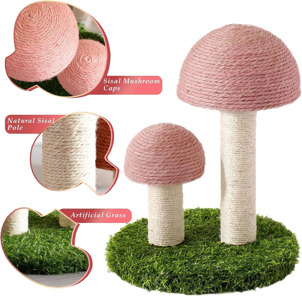 Pink mushroom cat scratching post with natural sisal caps and pole for small cats