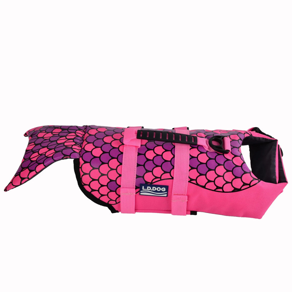 Dog life jacket swimming vest in Oxford cloth and cotton, sizes S M L, shark or mermaid style, dark brown pink red.